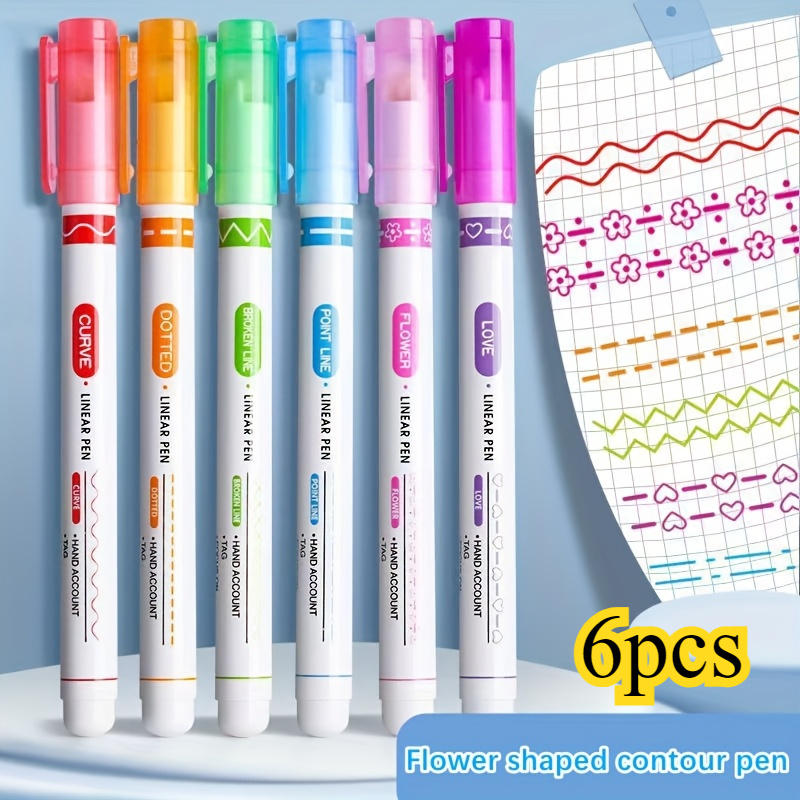 6pcs Floral Pattern Contour Pens | Flower-shaped Tips For Detailed Lines & | Lightweight Pe Material With | Ideal For Note-taking And