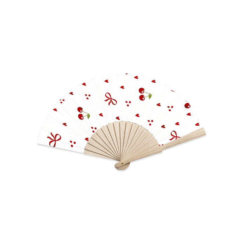 TEMU 1pc Retro Cherry & Bow Wooden Folding Fan - Portable Handheld Cooling Fan Suitable For Parties, Weddings, Dance Performances, Lightweight Summer