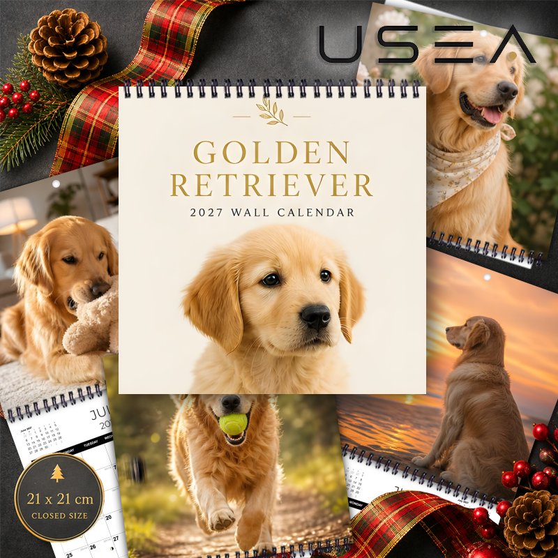 TEMU 2027 Wall Calendar, 2027 Golden Retriever Wall Calendar, 12-month Yearly Organizer 8.3 X 8.3 Inch Large Blocks With Us Holidays, Spiral Hanging