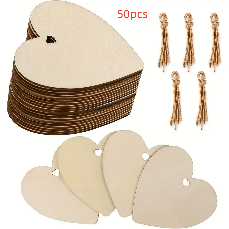 50pcs Unfinished Wooden Heart-shaped Ornaments, Individual Christmas Decoration Gifts, Christmas Tree Hanging Wooden Pieces, Handicrafts, Heart-shaped Wedding Party Decorations