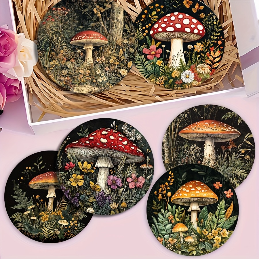 TEMU 2d-6pcs Wooden Coaster Set, Mushroom , Suitable For Tea, Coffee, And Drinks, And Restaurant Decor, Gift Idea