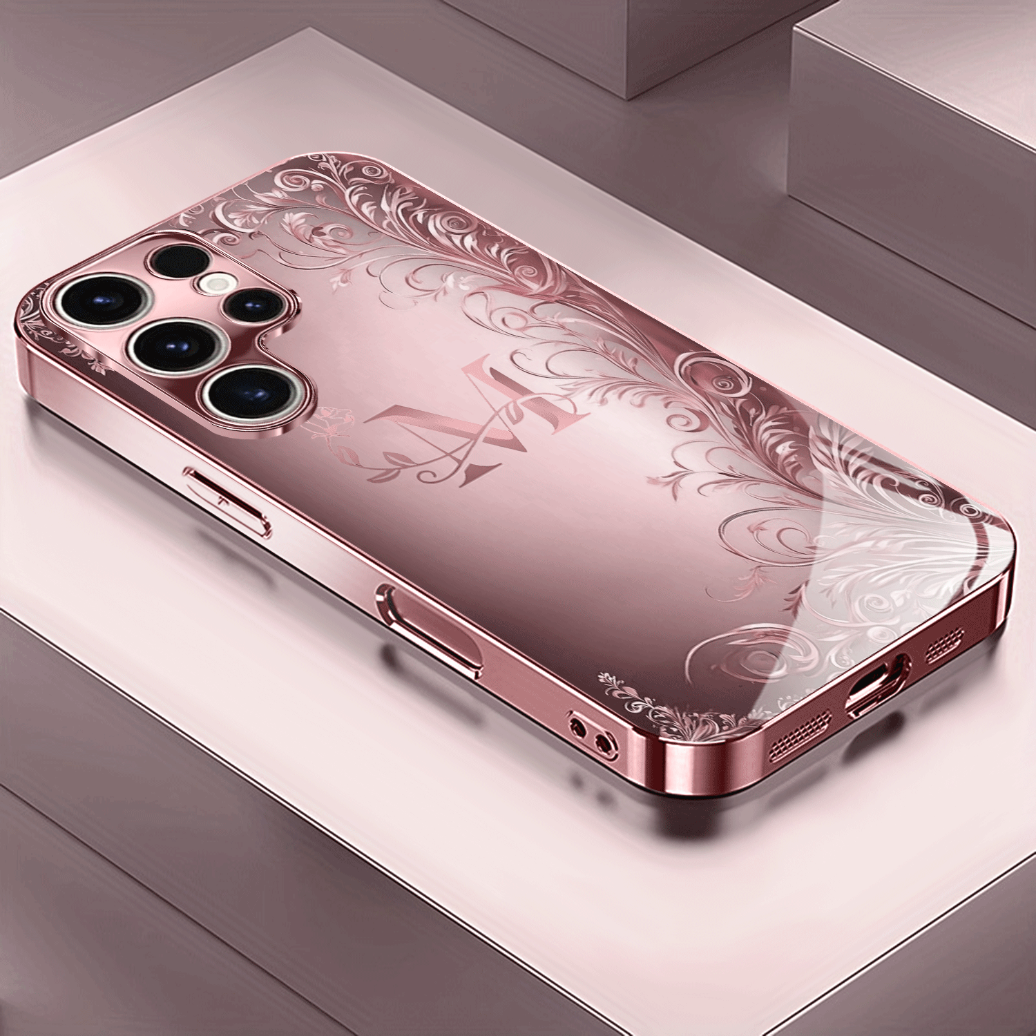 TEMU Phone Case: Flower Letter M Pattern Rose Golden/electroplated Pink Phone Case Compatible With Galaxy A51/a52/a53 5g/a54/a55/a56/a71/a72/a73/note