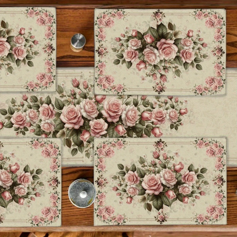 TEMU 5pcs/7pcs Vintage Floral Table Runner And Placemat Set, Pink Rose Floral Kitchen Dining Table Decor, Spring And Tabletop Decoration, Dinner