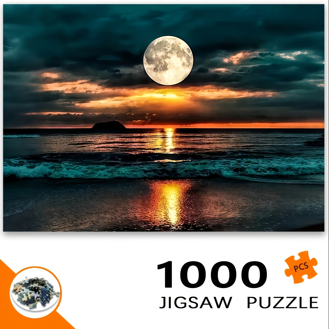 TEMU 1000pcs Adult Puzzle- Moonlight Beach Sunset , , Orange, Yellow, Brown Tones- Challenge For Adults And Puzzle Enthusiasts- Portable Wall