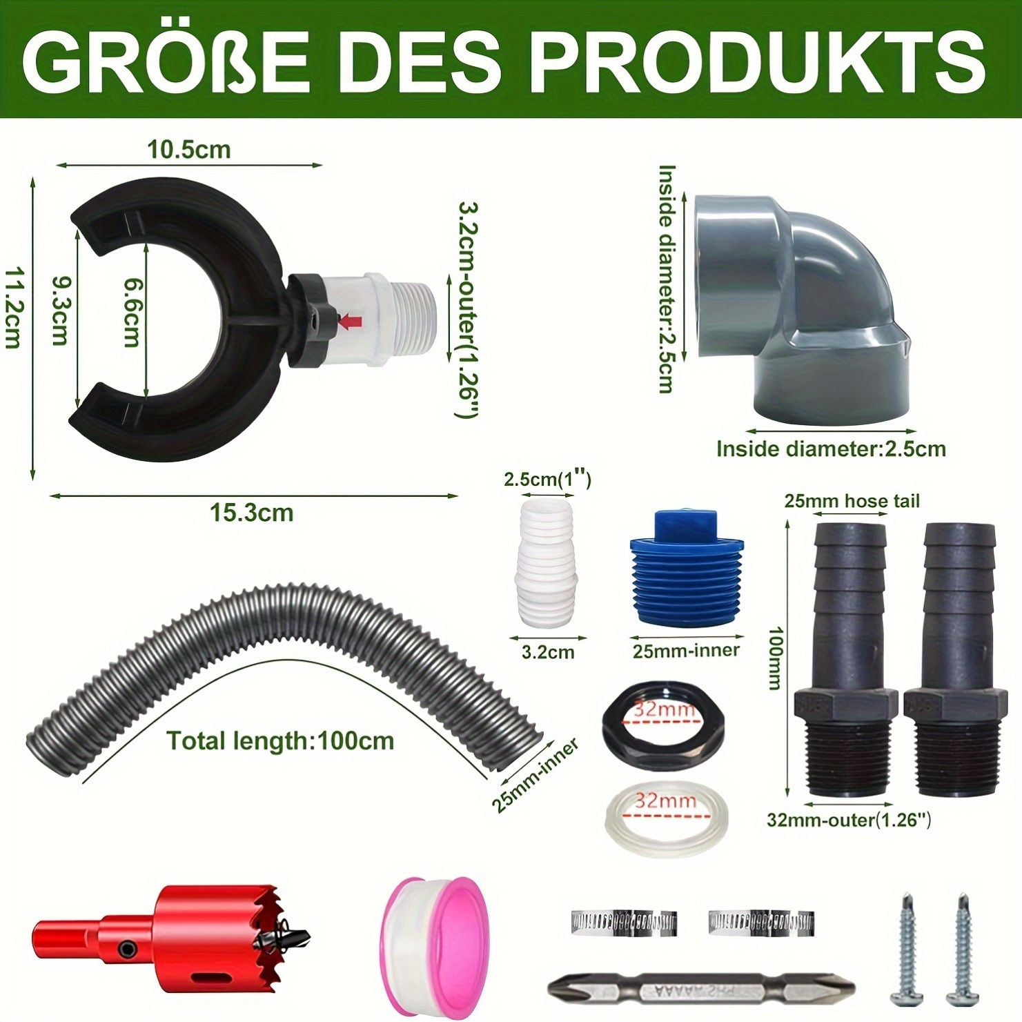 E-shop Regenwassersammler-Set mit 50/100 cm Schlauch, für 70-110 mm Regenröhrchen, Schnellanschluss Regenfass, Gartenbewässerungswerkzeug,