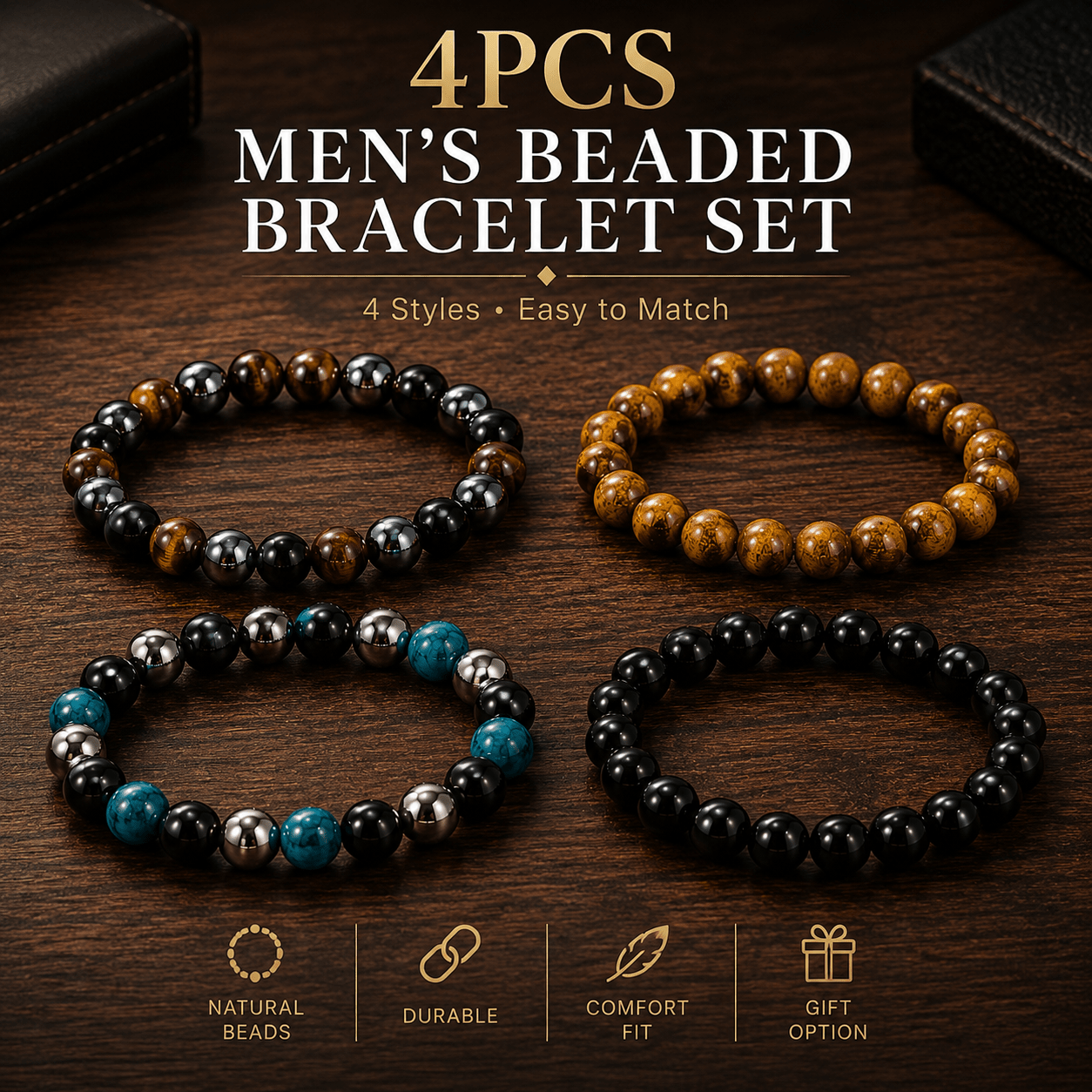 TEMU 4pcs Mixed Tiger Eye Beaded Bracelet Set, Black, Blue And Mixed Round Bead Design, Stretch Wrist Additions For Men And Women, Everyday Wear