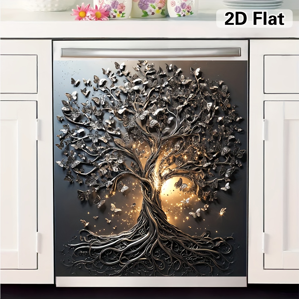 2d Flat- 1 Piece Of 2d Flat Tree , Cover For Dishwashers, Ovens, And Dryers. Easy To Stick On, Day, Protects Panels, Adds To Kitchen Decor, Enhances Appliance , 2d Flat