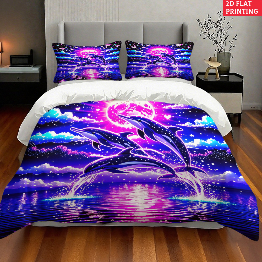 TEMU 2d Flat 2/3pcs Printing Dolphin Moon For Bedroom Decor, Bedding Quilt Cover Pillowcases (1*duvet 1/2*pilowcases, Without Core)., 2d Flat