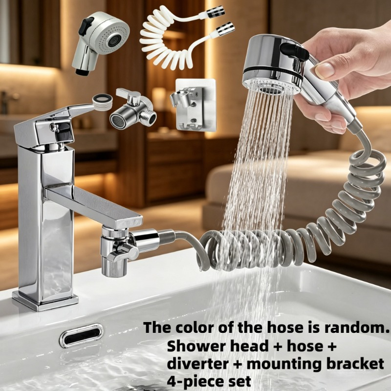 TEMU Retractable Showerhead 4pcss Set, (random White Gray Hose Color) Bathroom Faucet Sink Retractable Cold Hot Showerhead, Hair Washing Tool, Face