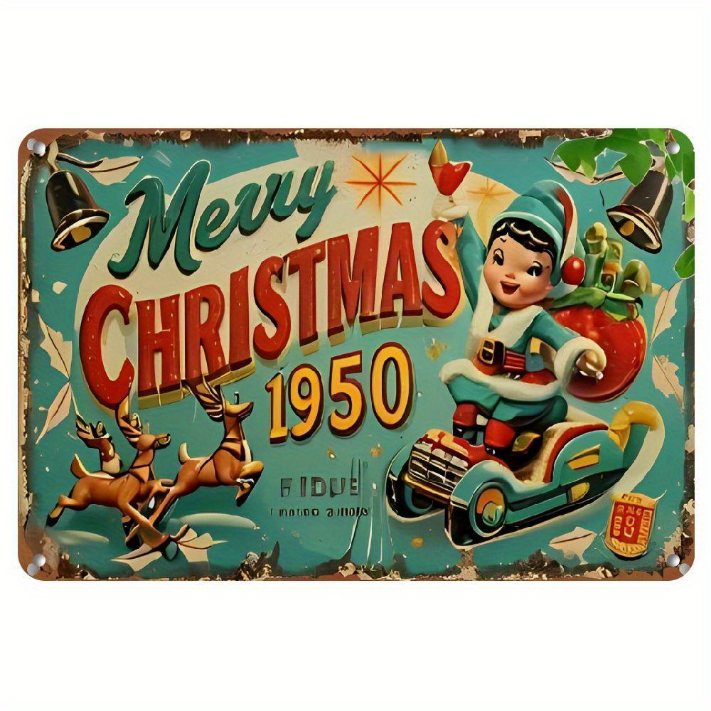 TEMU Decorative Signs & Plaques 1pc Of Vintage Aluminum "merry Christmas 1950" Wall Signage - 8x12 Inch Vintage Holiday Decor With Sleigh, Reindeer