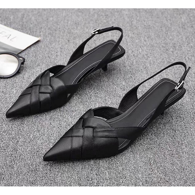 Image of Women's Pointed Toe Slingback Kitten Heel Sandals, Woven Low Heel Shoes, Elegant Office And Wedding Party Dress Pumps, Comfortable Strap Summer Footwear, Women Shoes