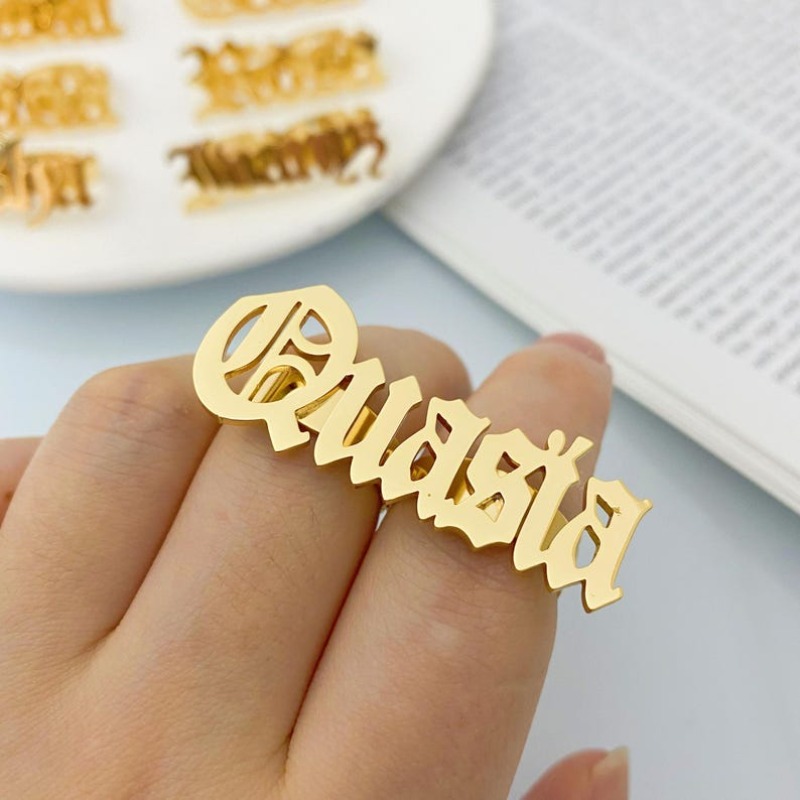 TEMU 1 Custom-made Ring Featuring An Old English Name, Designed For 2 Fingers. This Delicate Minimalist Piece Is From Stainless Steel, Making It A