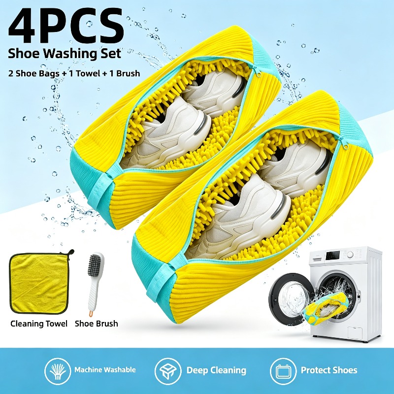 TEMU 4pcs Shoe Cleaning Set, Including 2pcs Soft Reusable Shoe Bags And 1pc Fiber Cleaning Towel And 1pc Shoe Brush With Liquid Dispenser, Suitable