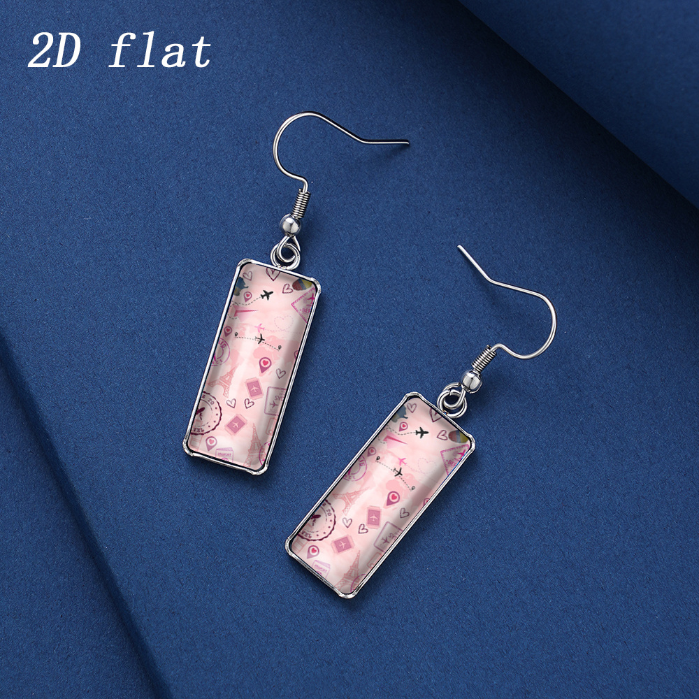 Soft Pink Eiffel Tower & Airplane Pattern Glass Earrings