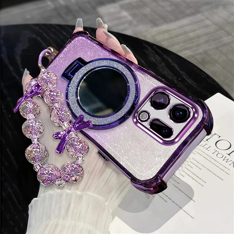 TEMU Phone Case - Protective Case For Oppo Find X9 And X9 Pro Featuring A Magnetic Folding Makeup Mirror Stand, Shock-resistant Gradient Glitter
