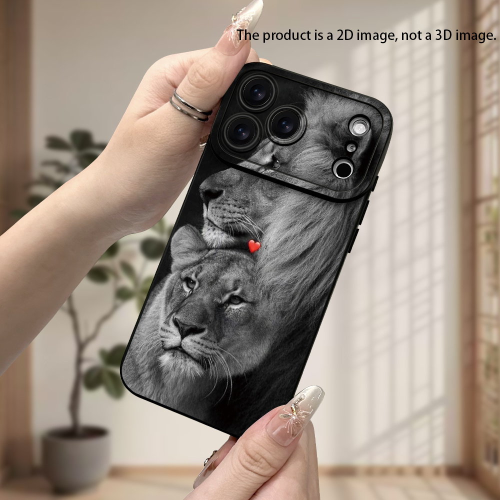 TEMU Handyhülle: 2DFlat Neue High-End minimalistische Hülle im schwarz-weißen Stil mit Löwenpaar rotem Herz-Druckmuster, langlebige iPhone-Hülle,