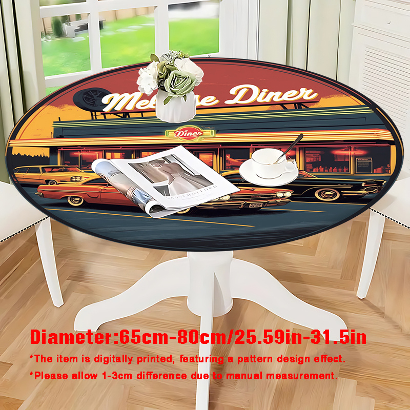 TEMU 1pc 2d Flat Printing Retro American Diner Pattern Round Elastic Tablecloth Suitable For Round Tables Polyester Material For Parties, Kitchens,