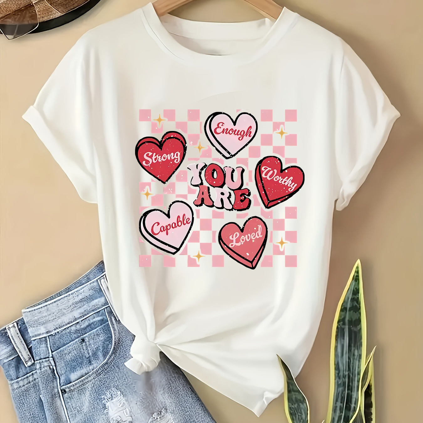 

Valentine's Day Love Heart & Letter T-shirt For Women - Soft Polyester , Crew Neck, Short Sleeve, Machine Washable, Creative Pattern,