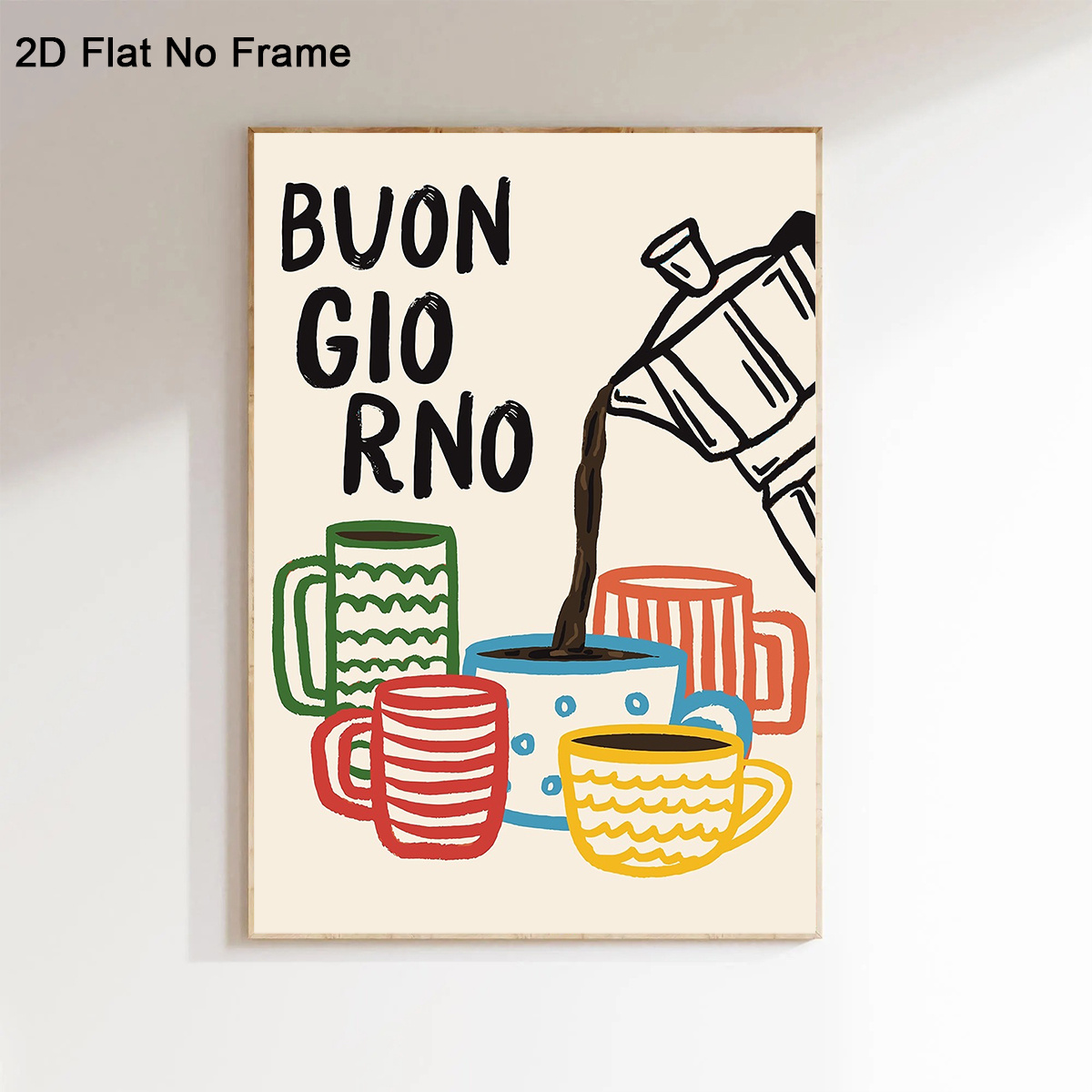 TEMU 2d Flat, 2d Flat, 1pc Frameless Canvas Poster, Colorful Coffee Cups With Italian Text And Pouring Coffee Illustration Art Print For Cozy Kitchen