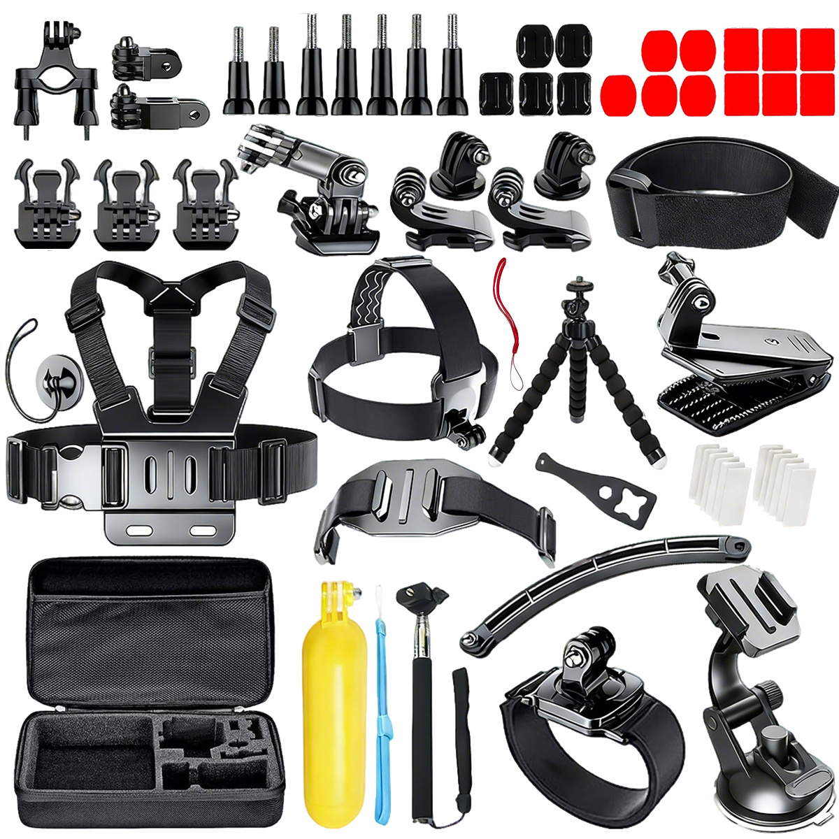 Action Camera Accessories Kit 60-in-1 Complete Set For Sports Cameras Black Plastic Mounts And Adapters