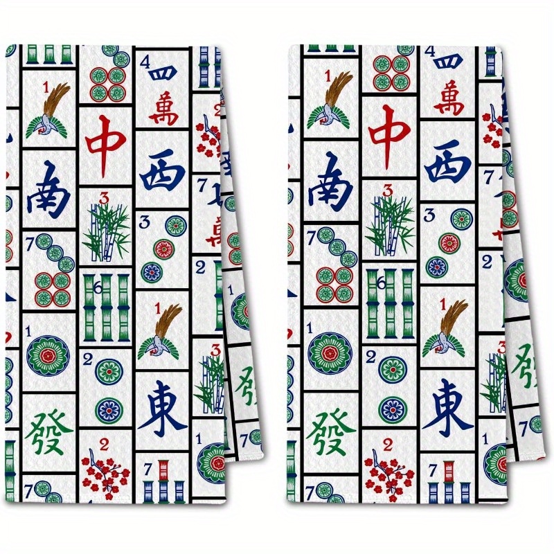 TEMU 2pcs Mahjong Dish Towels - Asian Tile Pattern With Numbers 1-9, Decorative Kitchen & Bathroom Towels For Mahjong Players, Durable Polyester
