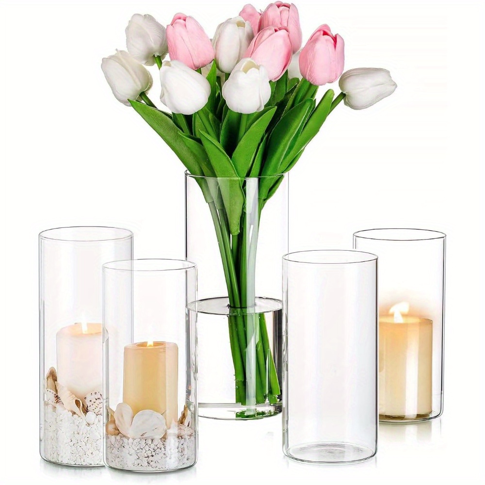TEMU Glass Vase Set Of 15pcs, Cylindrical Vase For Table Decoration, Glass Vase, Tulip Vase, Glass Vase, Large Vase, Candlestick, Glass Cylindrical