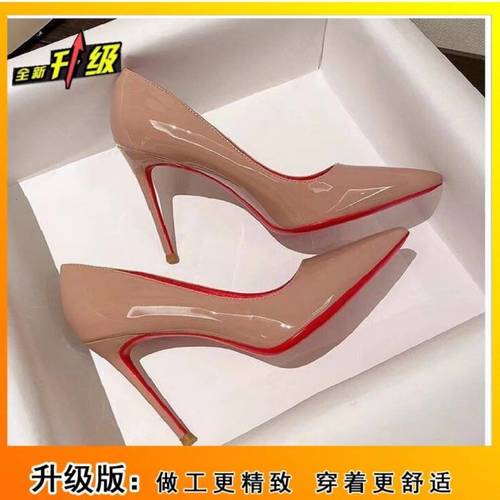 2023 black patent red sole high heels pointed toe shallow thin heel elegant womens nightclub work shoes