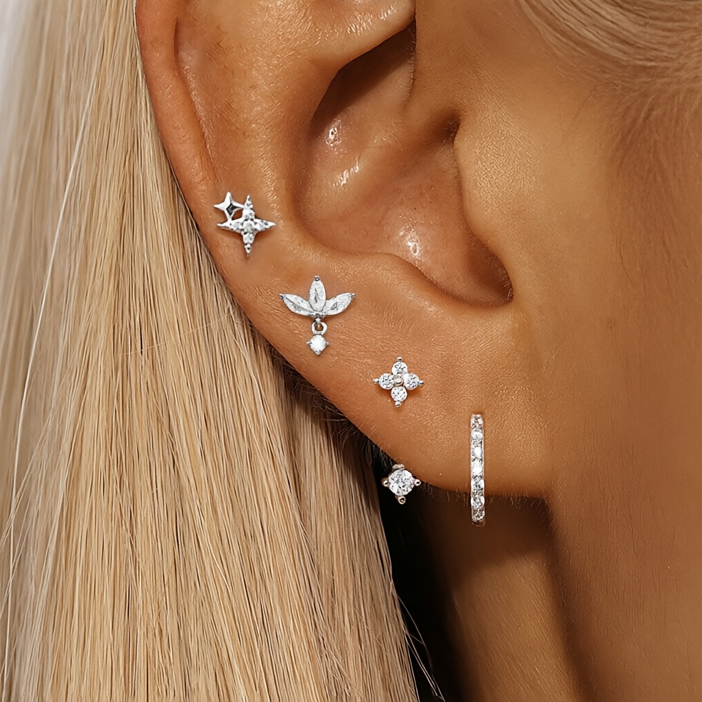 TEMU 4pcs Synthetic Zirconia Ear Stud Earrings Set • Fashionable Elegant Women's Jewelry • Daily Commute Party Wear • Women's Jewelry Gift
