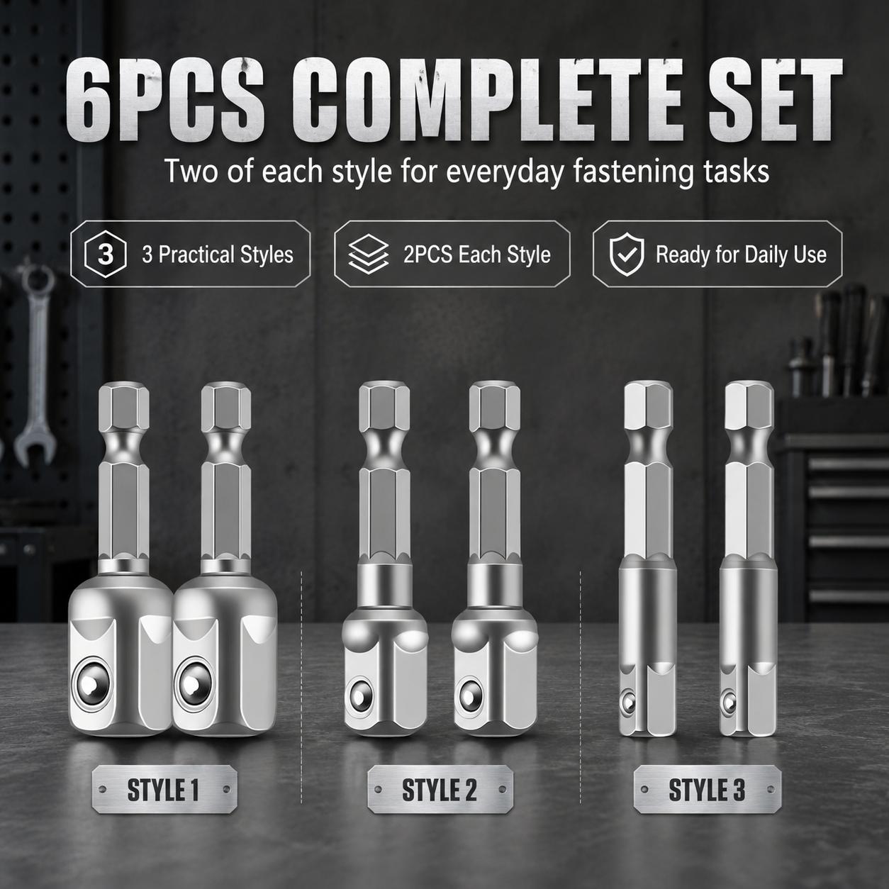 TEMU 6pcs Electric Drill Extension Rod Set With Speed Adapter, Hex Shank To Socket Adapter For 1/4", 3/8", 1/2", Suitable For Cordless Wrenches And
