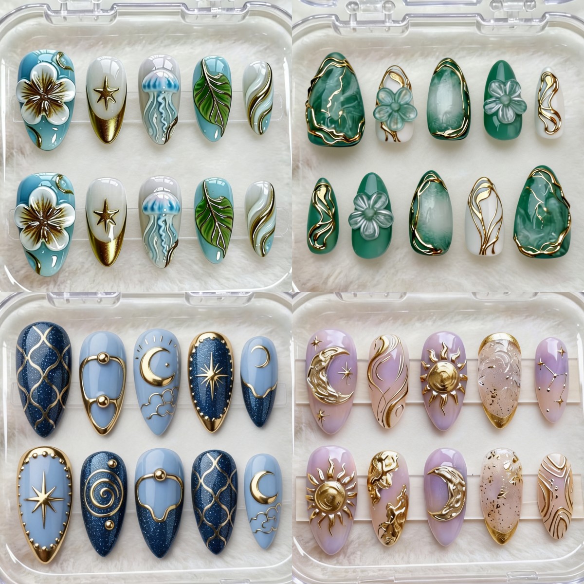 TEMU Lot de 40 faux ongles 3D en dorés à poser avec floraux de , ligne dorée estompée, , grille, - Faux ongles amovibles de style et pour femme
