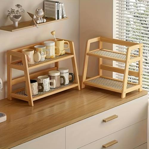 double layer cup holder mug organizer with vertical saving desktop storage rack suitable for room office compact shelf for mugs cups small items durable wood material 26cm 10inch standing shelf