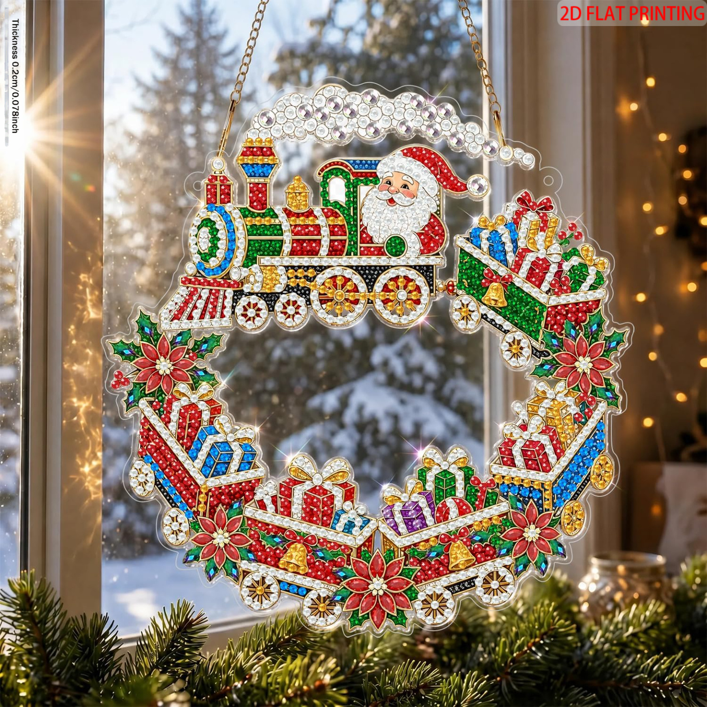 TEMU Pendentif Peinture Diamant à Suspendre avec Motif de Train de Noël, Impression Plate 2D, Ornement Attrape-Soleil, Peinture Diamant DIY -Stress