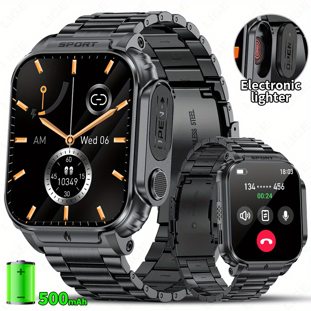   men s smartwatch with wireless calls, 1, 241.3cm hd display, 2-in-1 lighter & stopwatch, weather forecast, music, camera, camera control, usb rechargeable, multiple sports  ,   alloy case, silicone strap, smartwatch for   phones 0