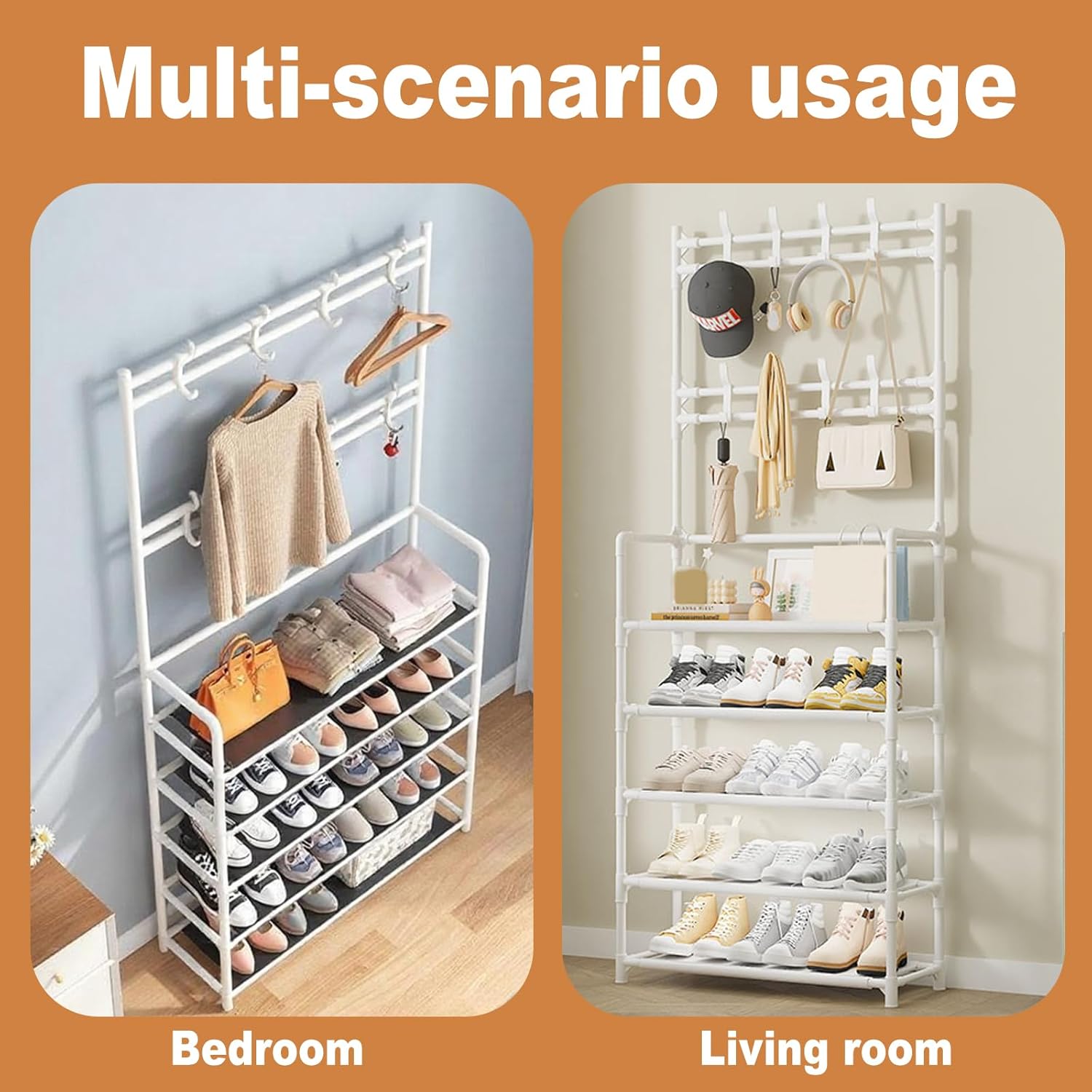 5-Tier Entryway Shelf with Metal Coat Rack And Shoe Rack, Suitable for Front Door Entryway, Entry Shoe Rack with Coat Rack, Multifunctional Entryway Storage Organizer, Suitable for Home, Hallway, Bedroom (White)