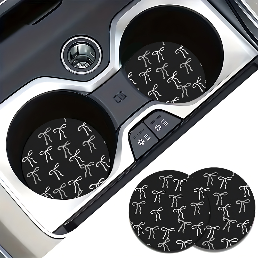 Image of 2pcs Black Bow Tie Pattern Absorbent Car Cup Holder Coasters - Sponge Rubber Material, Stylish Auto Additions For Women, Perfect For Vehicles And Home Desk Use