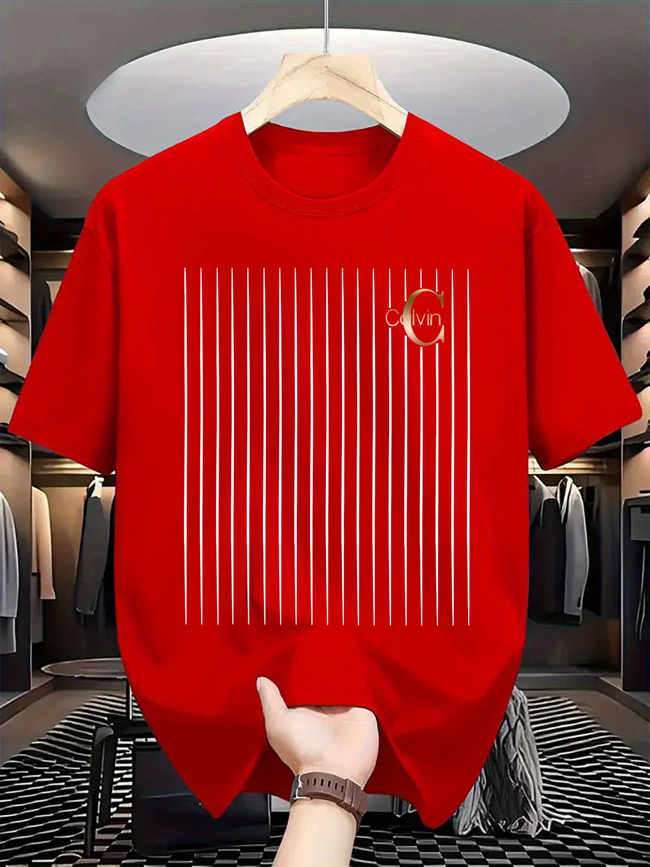 Men's casual and fashionable minimalist lines - C-Calvin printed T-shirt, round neck comfortable polyester fabric, suitable for daily wear as fashionable streetwear, Men's clothing