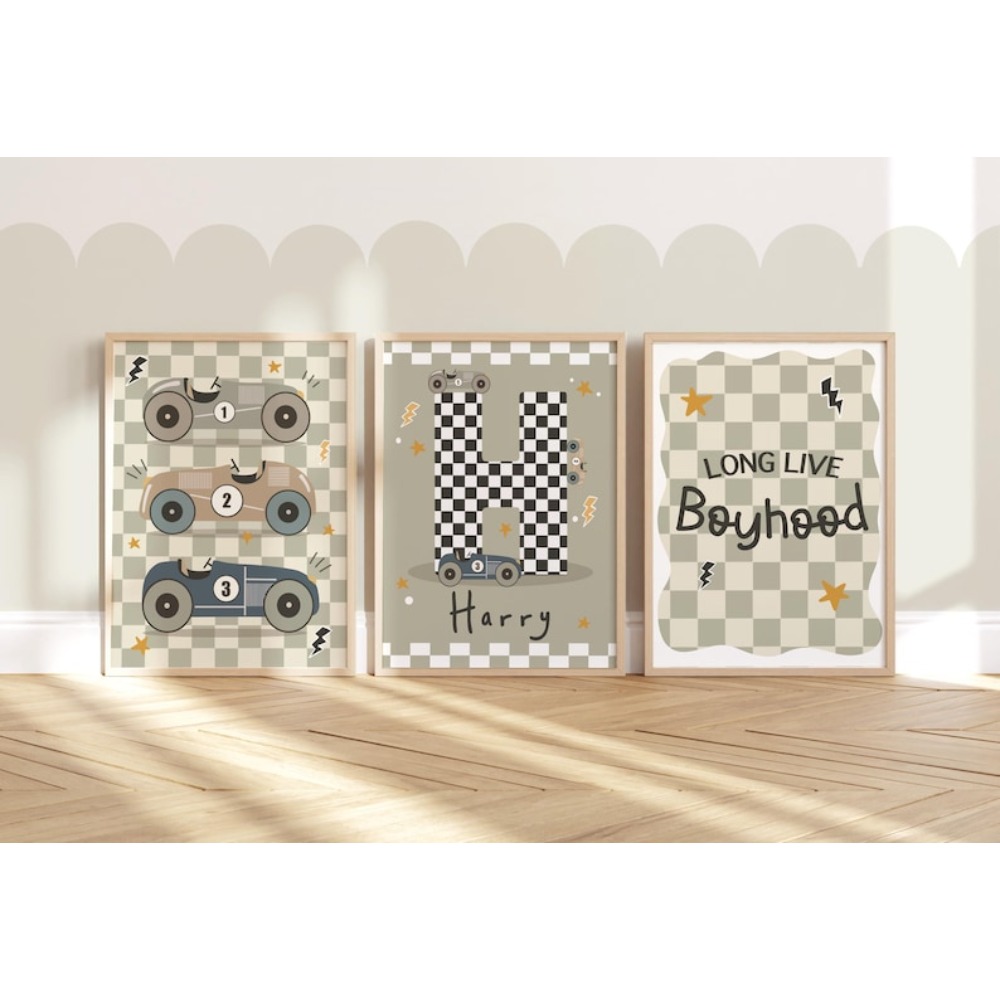 TEMU 2D Plat, Gepersonaliseerde 2D Platte Set van 3 Stuks, Zonder Lijst - Aangepaste Naam & Initialen met Raceauto-ontwerp, Schilderijen, Muurkunst,