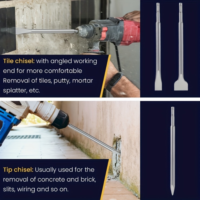 Sds- Plus Rotary Hammer Drill Chisel Set, Point Flat Scaling Chisels, 40CR Sds Plus Drill Bits for Masonry, Concrete, Brick, Stone, Tile Removal, 3pcs