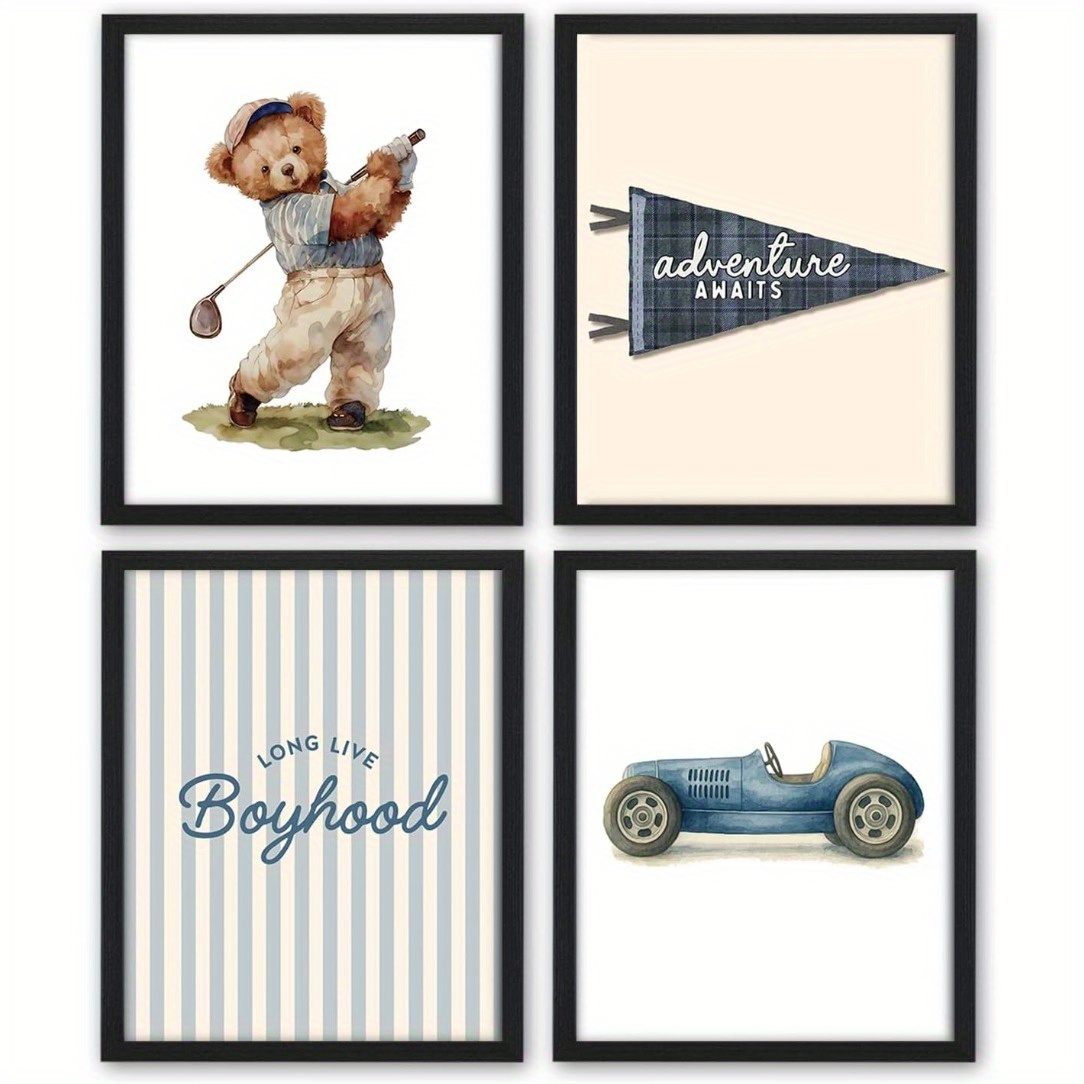 E-shop 2D Flach, 2D Flach, 4er-Set Wandkunstdrucke mit Bärenmotiven zum Thema Jungenalter, Größe 8X10 ohne Rahmen