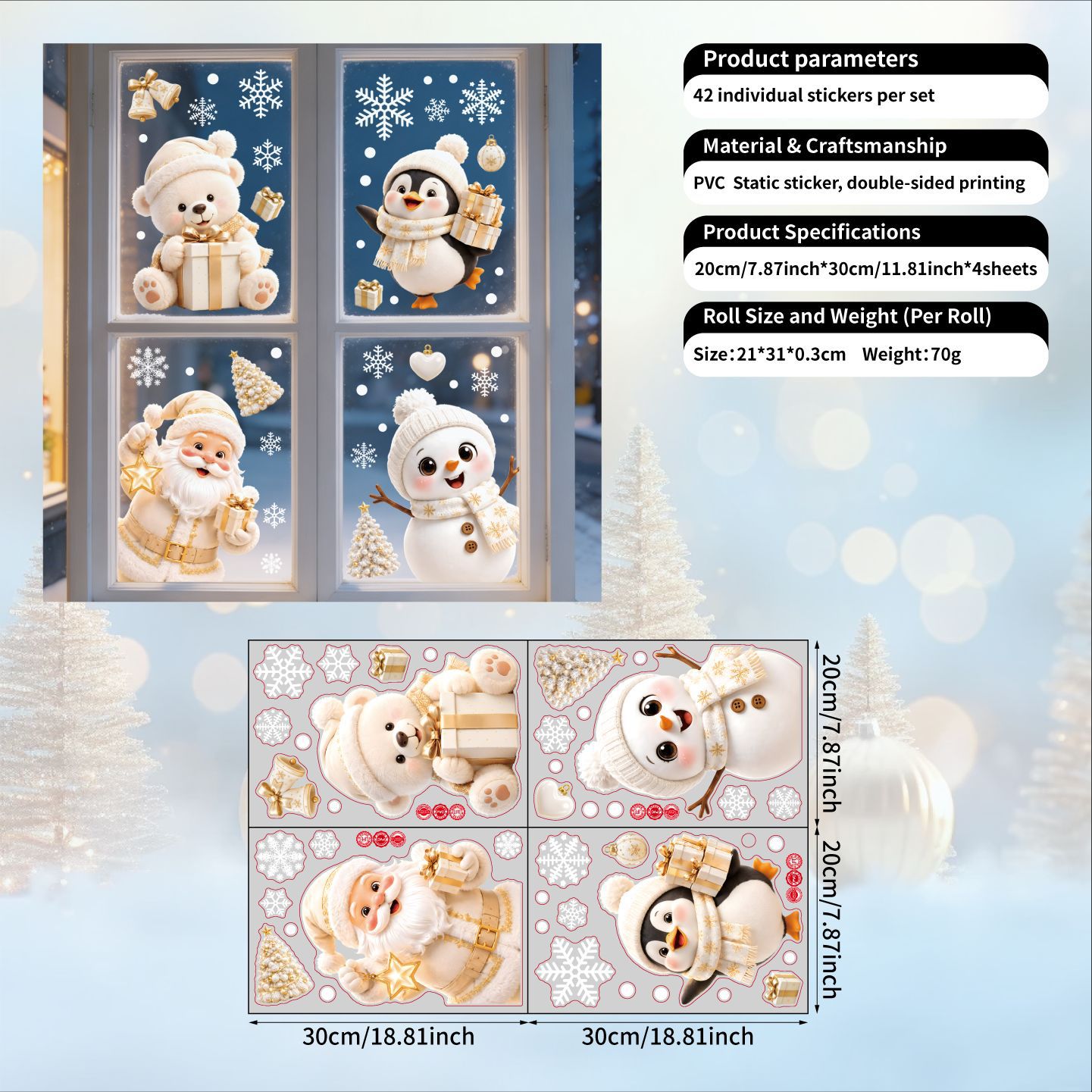 TEMU 4 Sheets Platinum Christmas Window Decorations Featuring Santa Claus With Static Glass Stickers For Scene Setup, Removable Window And Glass