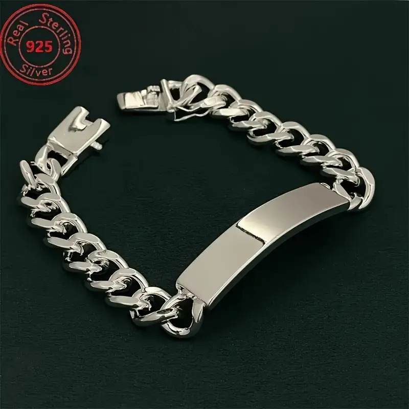 TEMU Elegant Geometric Cuban Chain Bracelet Made Of Premium 925 Sterling Silver - A Stylish White Jewelry Gift Ideal For Men And Women, Perfect For