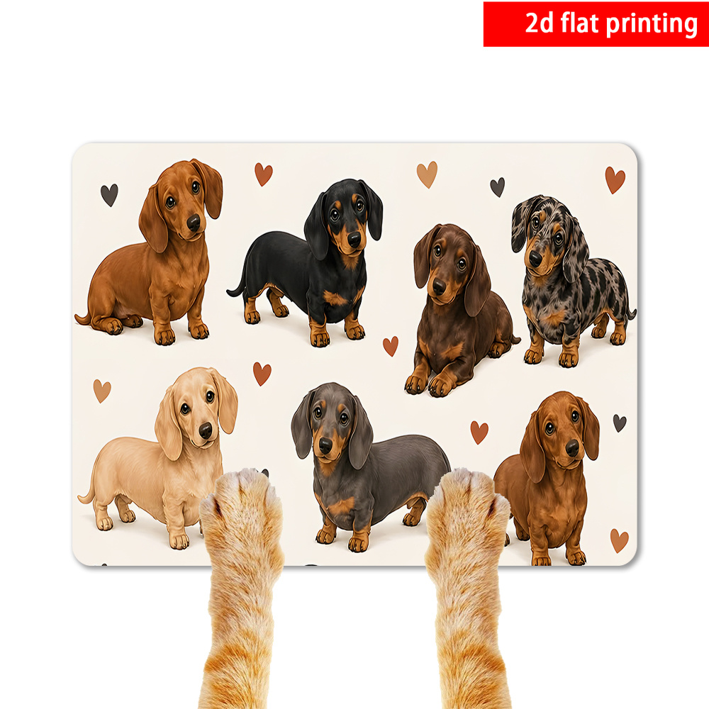 TEMU 1pc Dachshund Print Non-slip Rubber Feeding Mat Suitable For All Breeds, Portable Dog Mat With Dachshund & Heart Patterns, Portable Suitable For