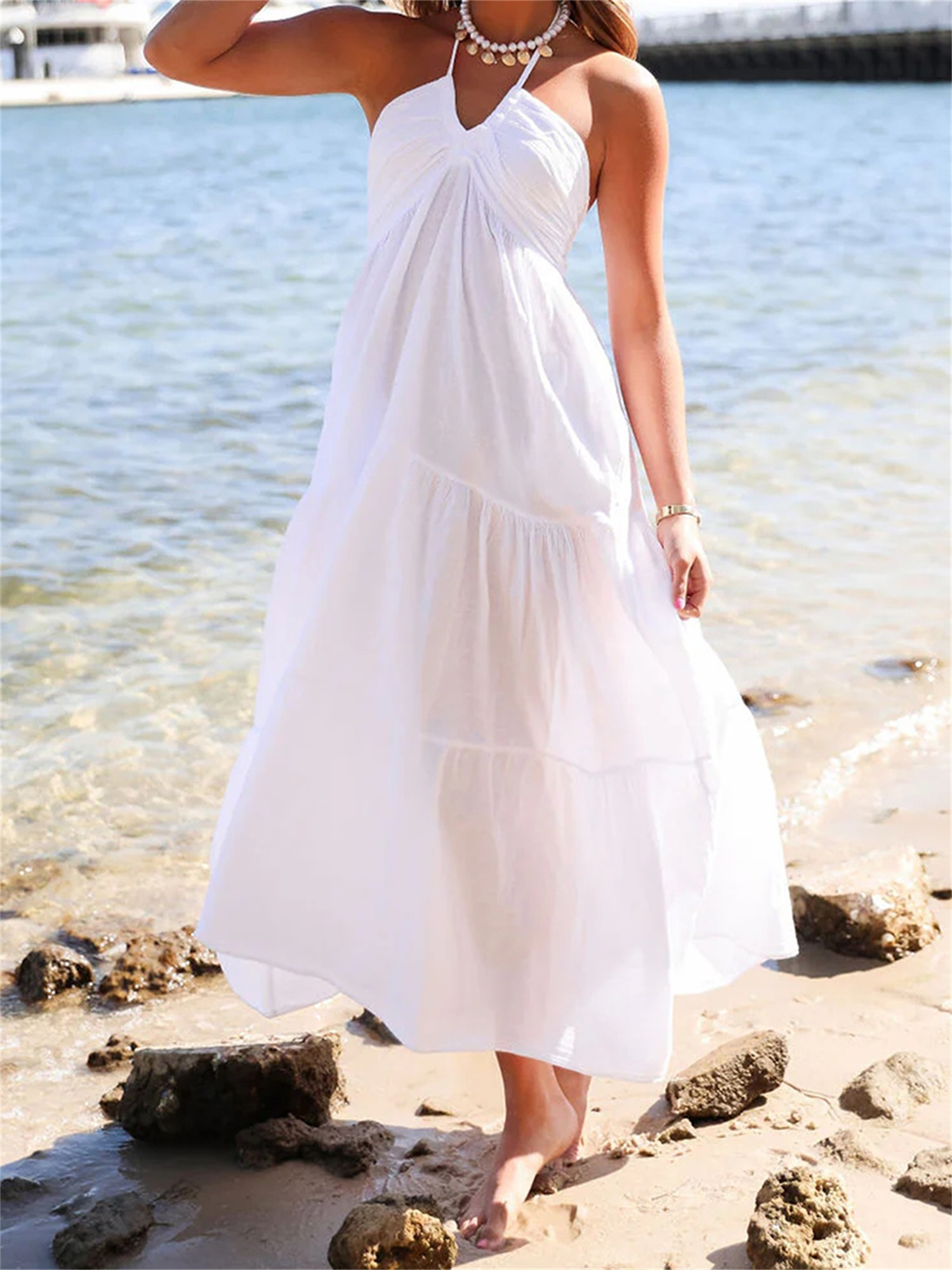 women sleeveless halter neck maxi dress backless ruffle - Temu