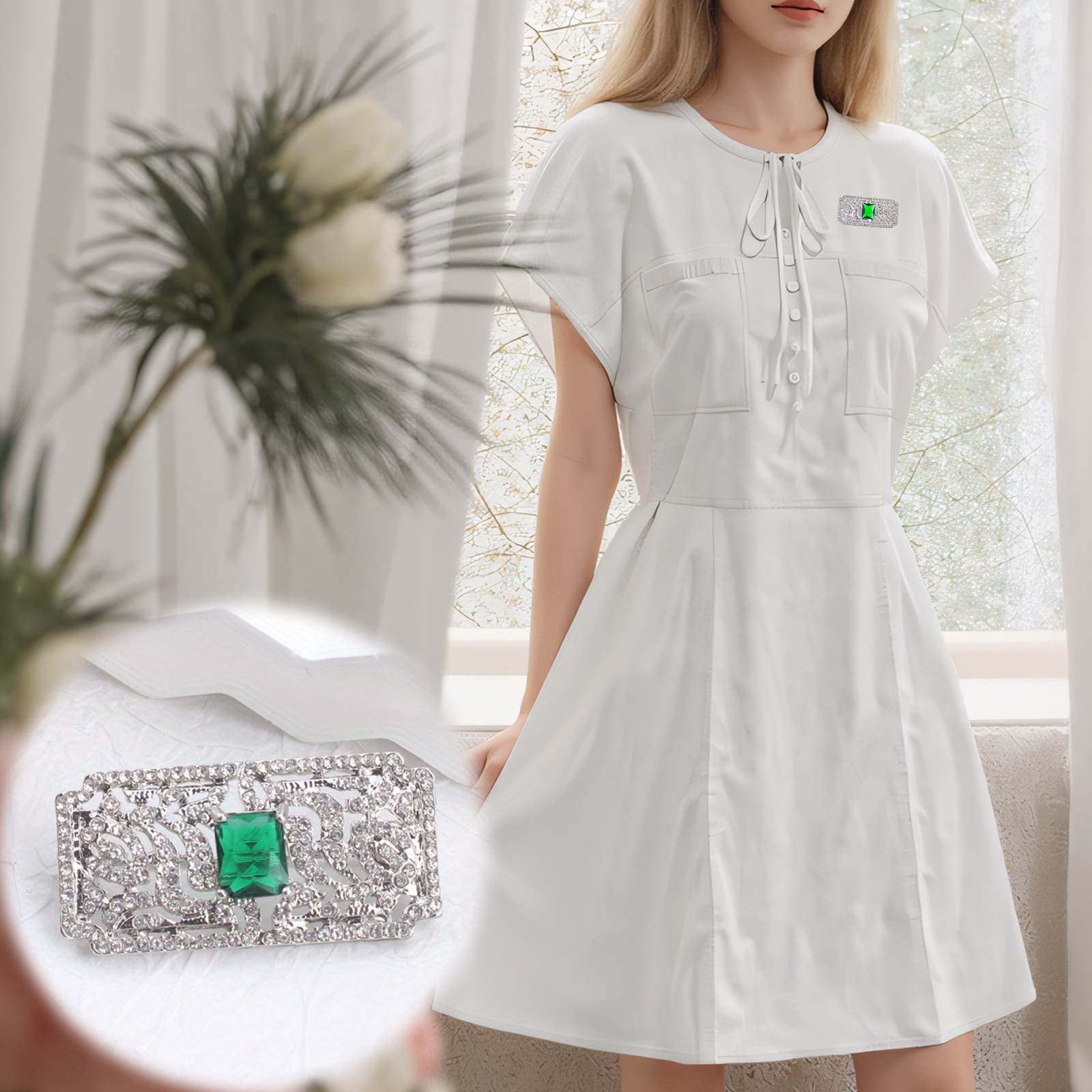 Fashionable Rectangular Brooch - Green Rhinestones Embellished With Small White Rhinestones As Fashion Jewelry
