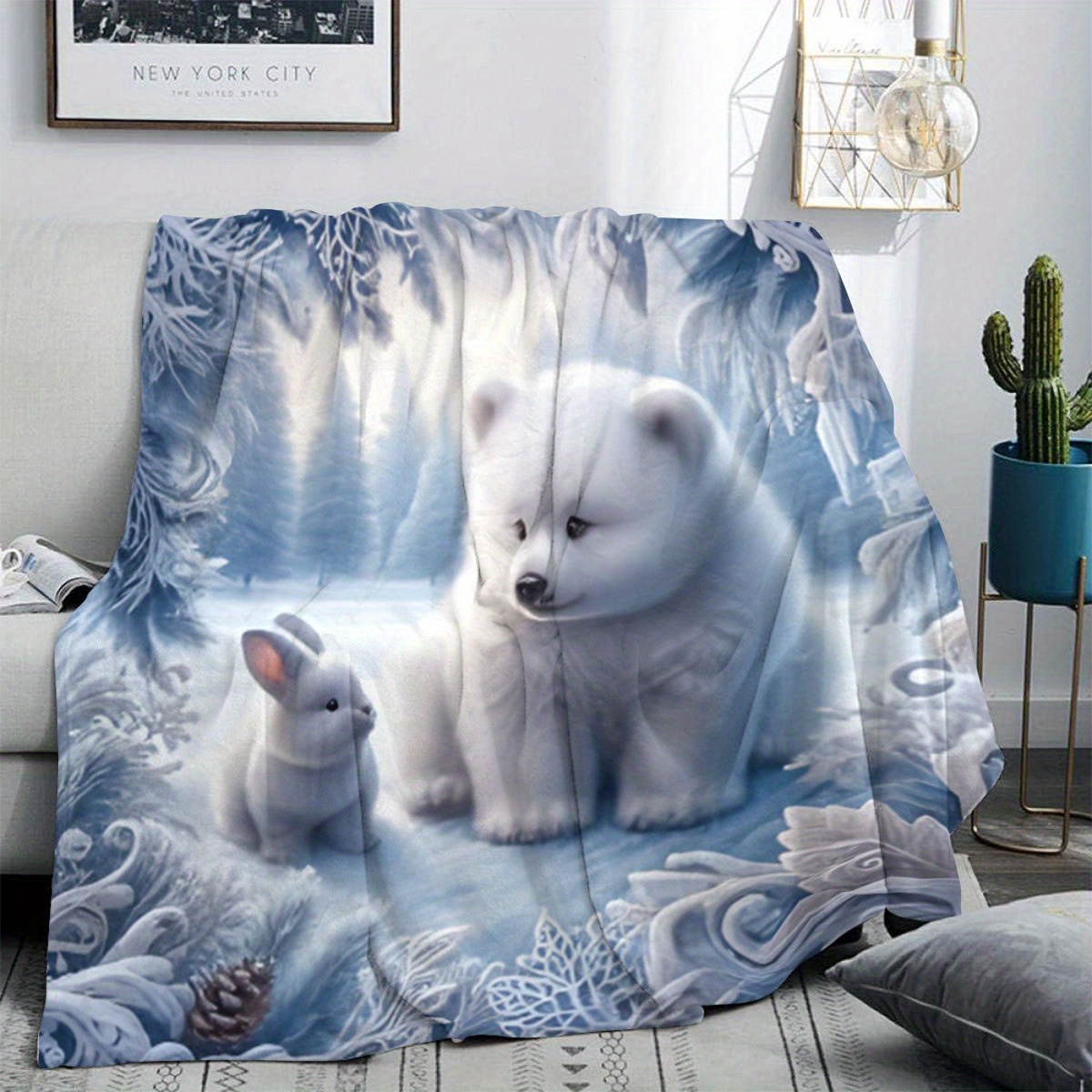 polar bear rabbits winter scene flannel blanket ultra soft Temu