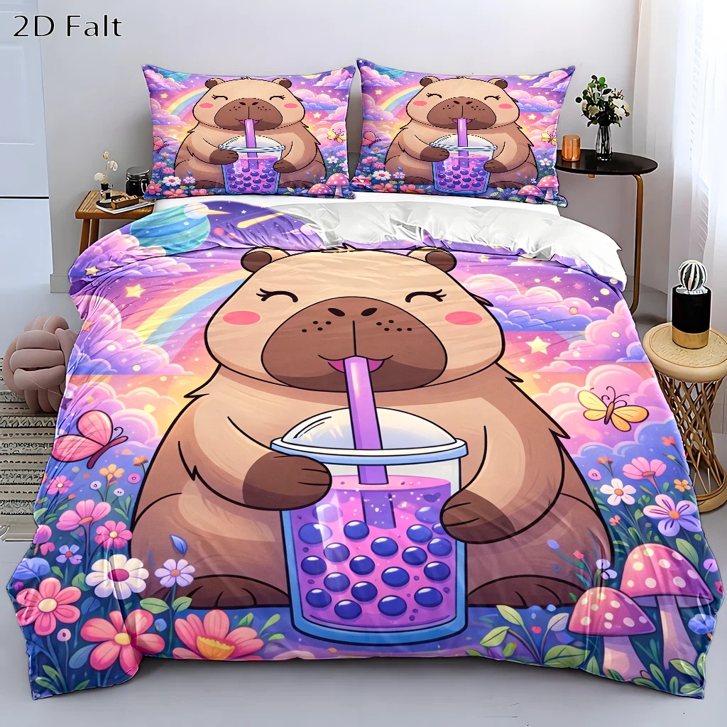 TEMU 3pcs Starry Sky Capybara Drinking Milk Tea Duvet Cover Set, Bedding 3pcs Set (1*duvet Cover   2*pillowcases), Suitable For , Machine Washable,