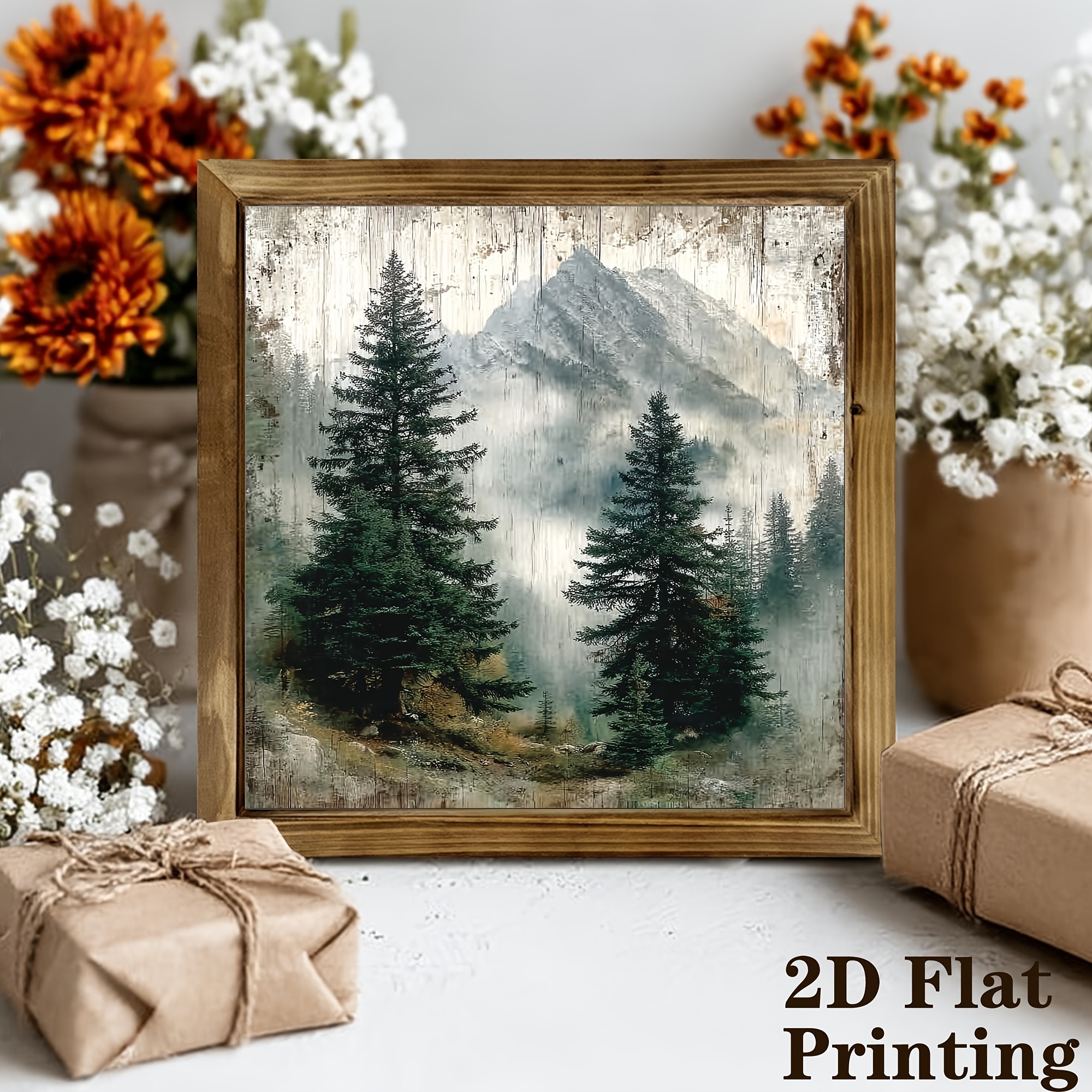TEMU Panneau mural plat 2D, 1 pièce, motif pin rustique - Panneau artificiel vintage de style ferme pour salon, chambre, décoration de cuisine,