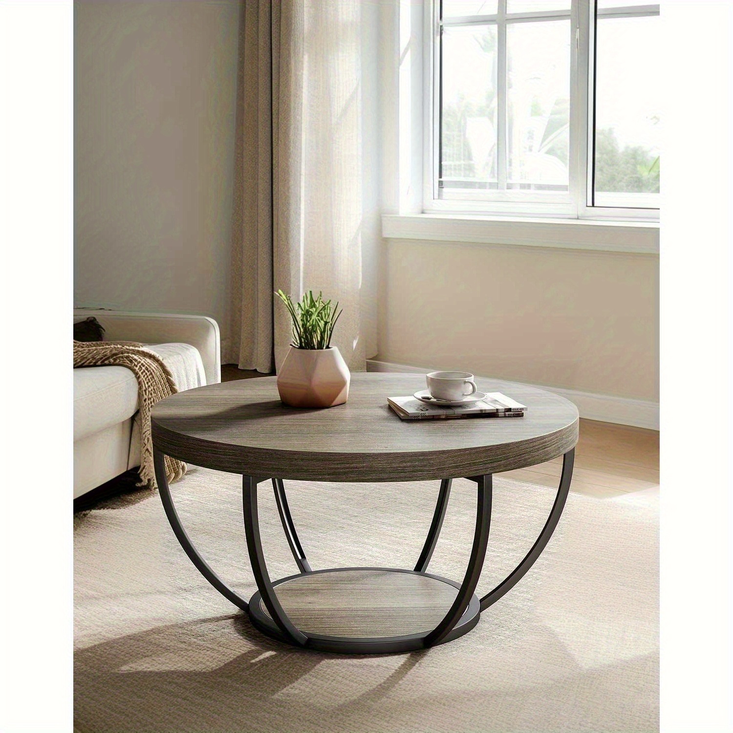 Image of 32-inch Round Coffee Table, 2-tier Wood Accent Center Table With Open Storage, For Living Room, Gray And Black