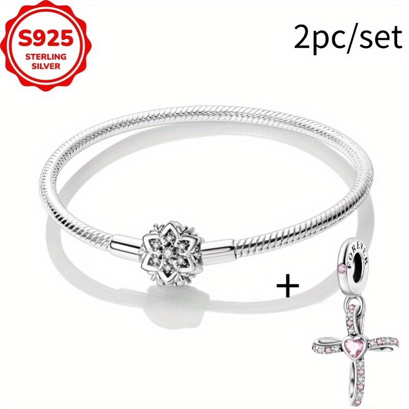925 Sterling Silver Snowflake Bracelet+pink Heart Cross Charm Bead Set Suitable For Women's Fashion Diy Bracelet Necklace Engagement Birthday Gift