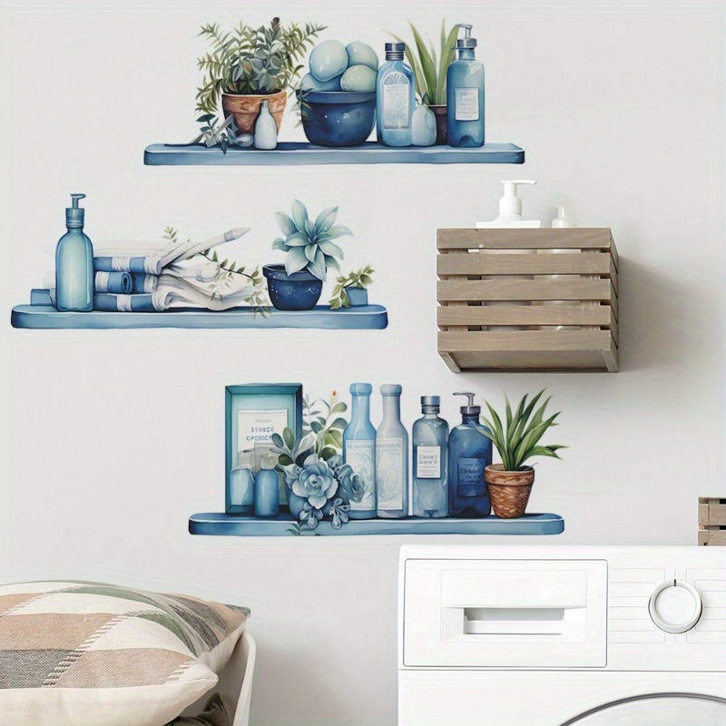 1pc Art Deco Watercolor Blue Shelf Bottle Wall Sticker, Pvc Self-adhesive Irregular Shape Space Theme Decor For Home, Bedroom, Bathroom - & Remove, No Electricity Needed, Bathroom Decor